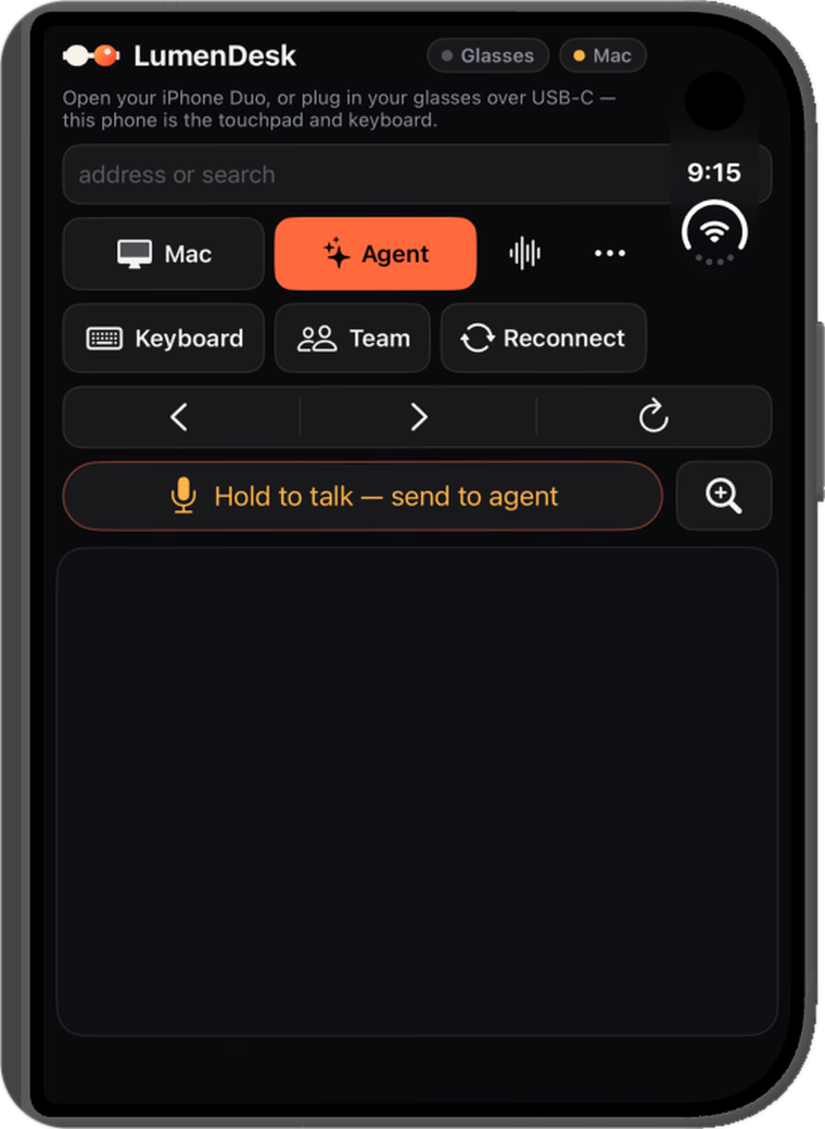 iPhone Duo closed: LumenDesk shows only the controls on the outer display