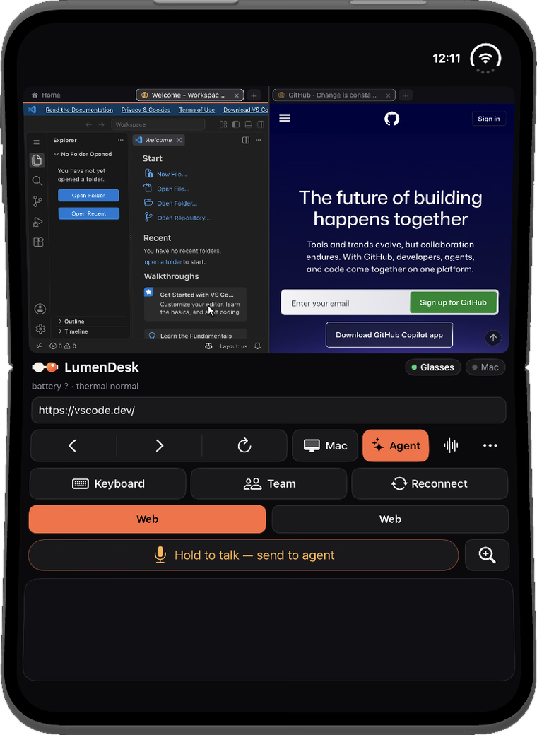 iPhone Duo half open: the workspace above the hinge, trackpad and keyboard below