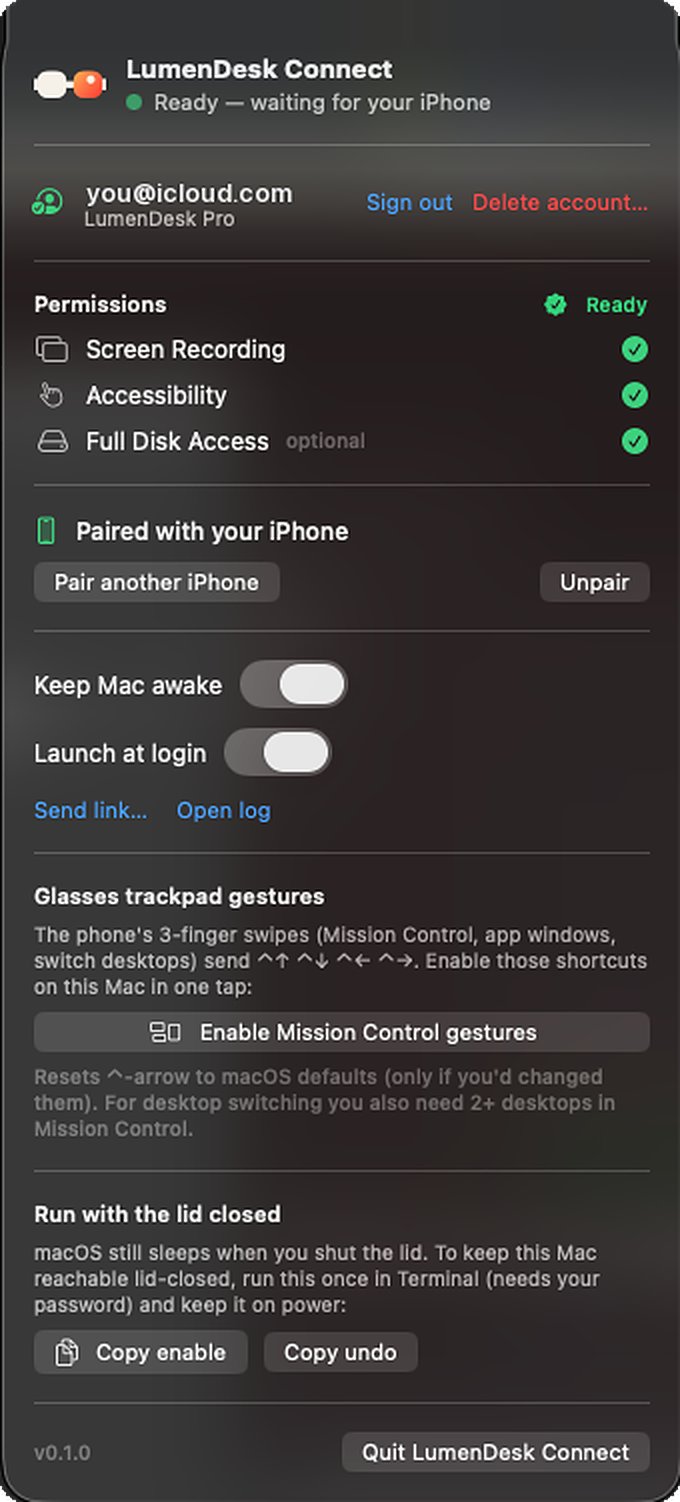 LumenDesk Connect's menu-bar panel on macOS: status, account, permissions, iPhone pairing, keep-awake and gesture settings